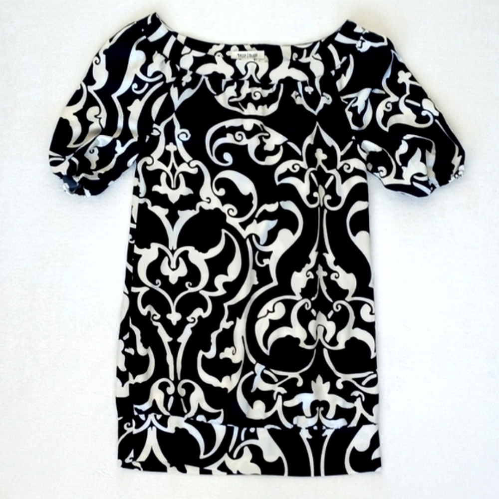 WHBM Women’s Satin Black & White Elegant Short Sleeve Mini Dress XS